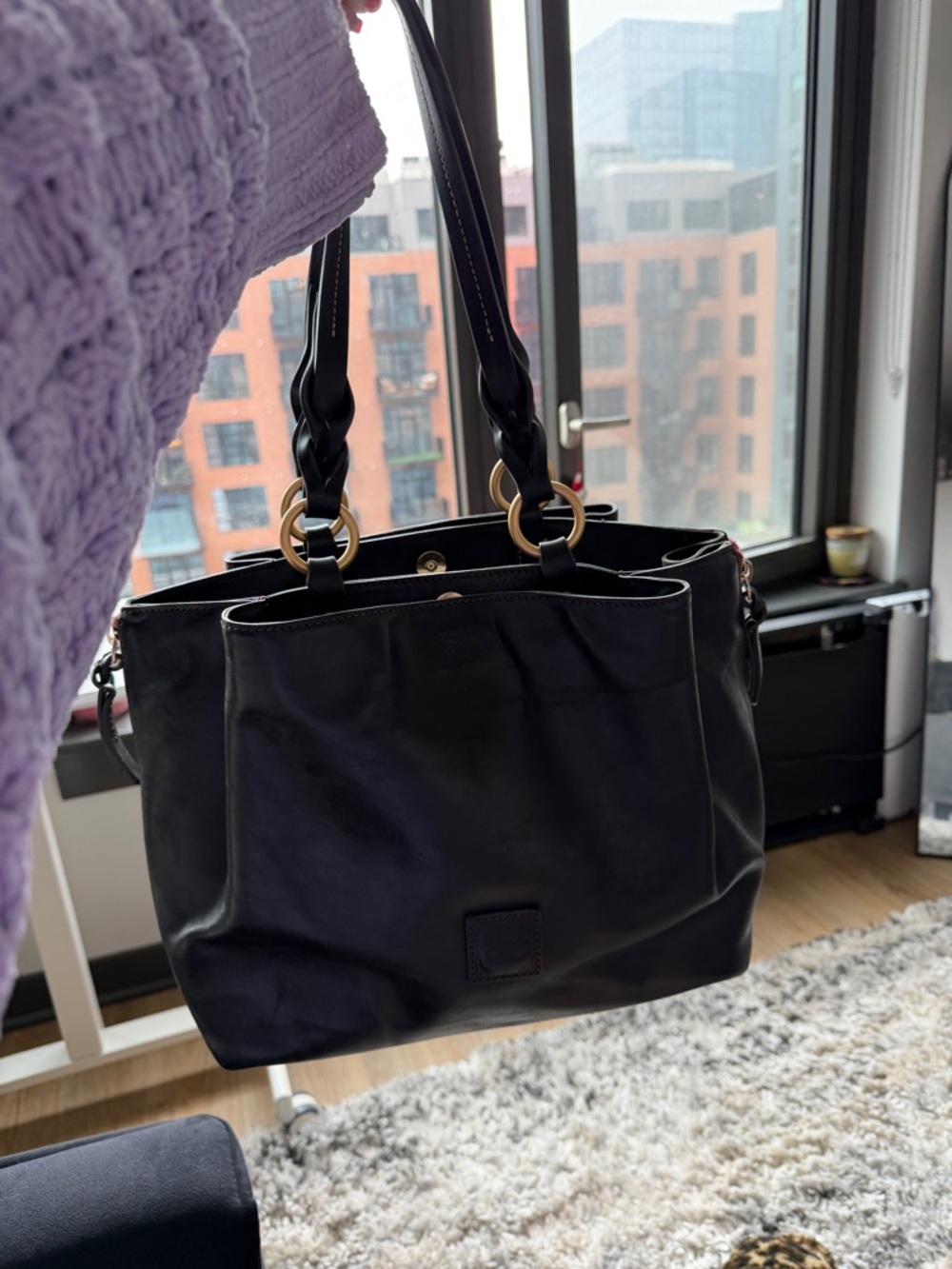 Rooney & Burke Black Leather Shoulder Tote Bag with Gold Hardware